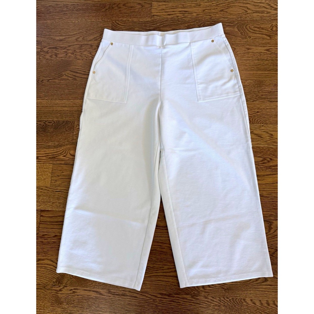 Michael Michael Kors Women's White Wide-Leg Cropped Pants Flat Front Logo XL